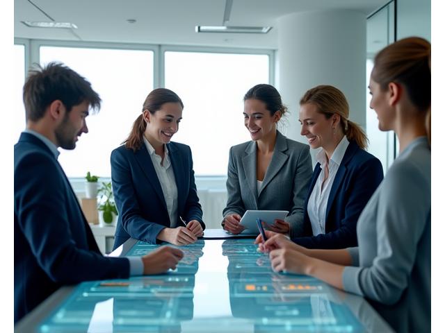 Team von Fachleuten arbeitet an Laptops und diskutiert, symbolisiert gemeinsames digitales Lernen und Geschäftswachstum.