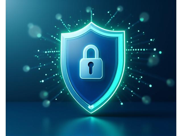 Visuelle Darstellung eines digitalen Schildes mit einem Vorhängeschloss, das Datenschutz und Sicherheit symbolisiert, umgeben von winzigen Datenpunkten.