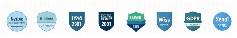 Reihe von Sicherheits- und Zertifizierungs-Badges wie ISO 27001 und DSGVO-Konformität, visuell miteinander verbunden.