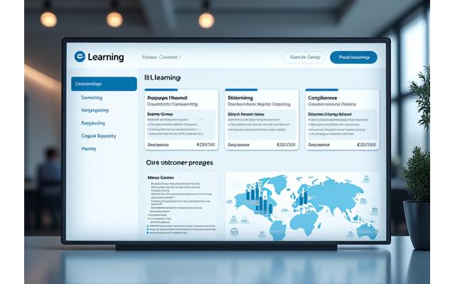 Desktopansicht einer E-Learning-Plattform, die für ein Großunternehmen angepasst wurde, mit Branding und Mitarbeiterschulungsmodulen
