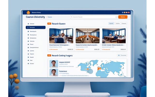 Anwendung einer E-Learning-Plattform, die für eine Universität angepasst wurde, mit akademischen Symbolen und Kursübersichten