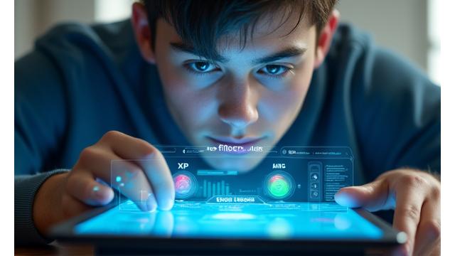 Lernende interagieren mit einem spielbasierten Lernsystem, das XP-Punkte und Fortschrittsbalken anzeigt.