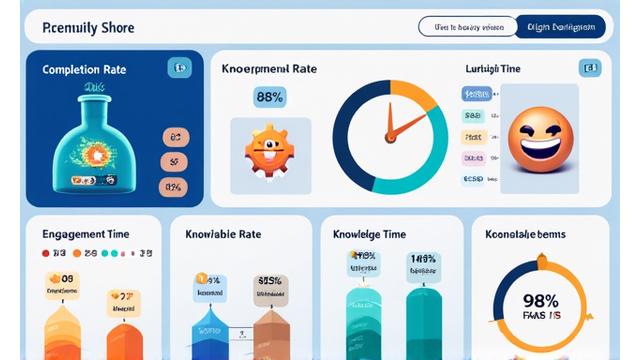 Ein digitales Dashboard im Gaming-Stil, das Statistiken wie Abschlussraten und Engagement-Zeiten anzeigt.