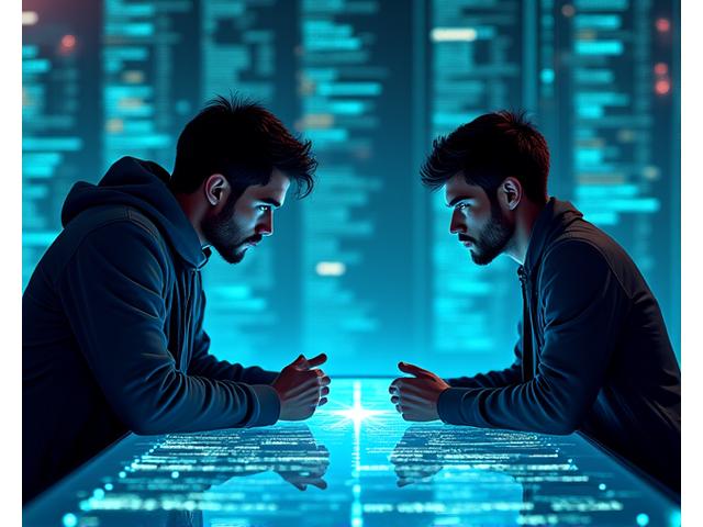 Zwei Programmierer sitzen sich gegenüber, umgeben von Code-Displays, symbolisierend einen Code-Wettkampf.