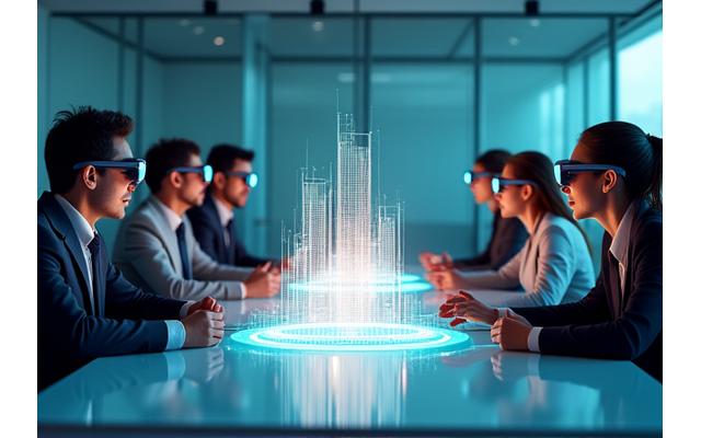 Mehrere Personen in einem Konferenzraum, die mit AR-Brillen virtuelle 3D-Datenmodelle in Echtzeit gemeinsam bearbeiten.