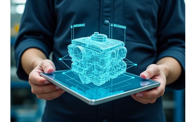Tablet zeigt ein 3D-Modell eines komplexen Motors als AR-Overlay über einem echten Motor und interaktive Anleitungen zur Wartung.