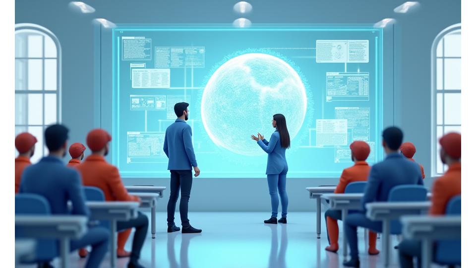 Gruppe von Avataren in einem stilisierten virtuellen Klassenzimmer, interagierend mit einem 3D-Modell und einem virtuellen Whiteboard.