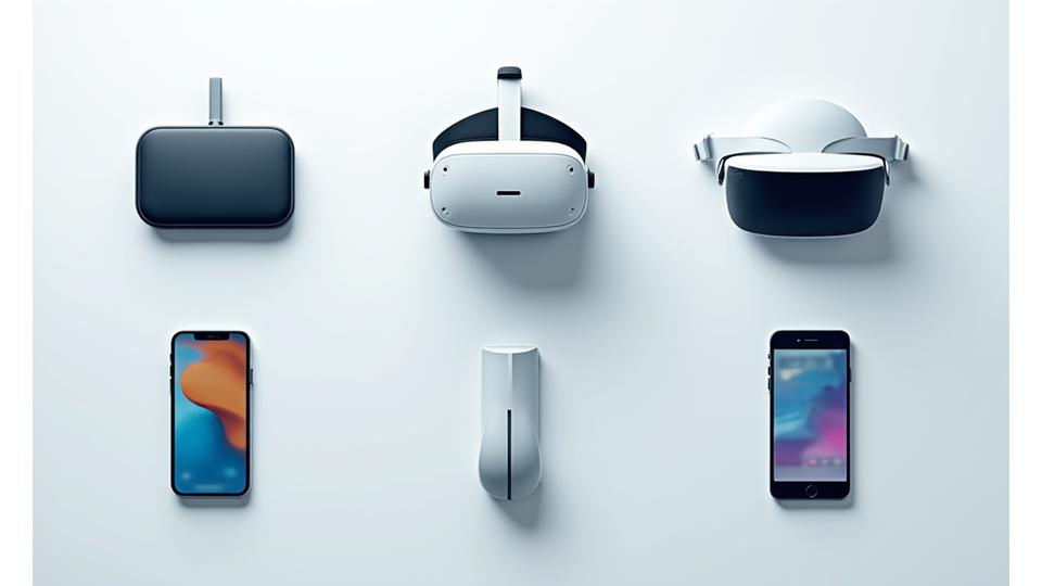 Ein gerastertes Layout, das verschiedene AR/VR-Geräte wie Oculus Quest, HoloLens und ein Smartphone mit AR-Modell zeigt.