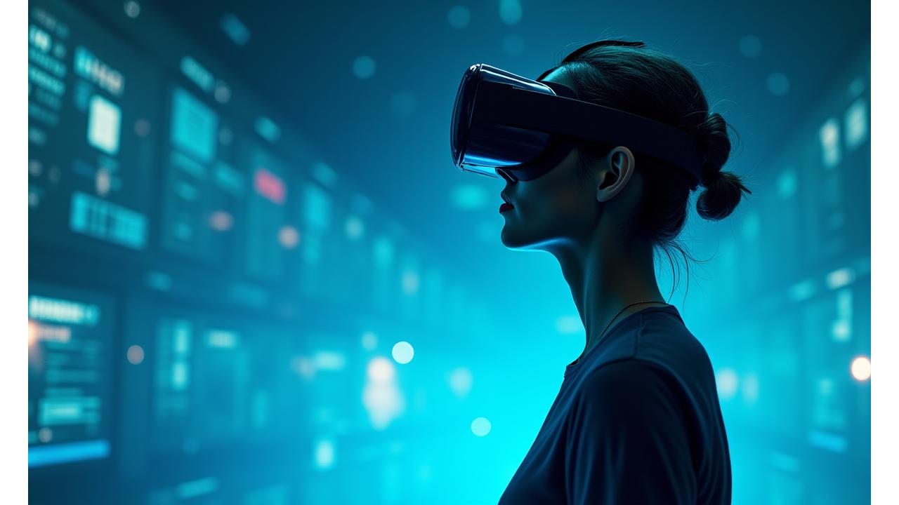 Person mit VR-Headset erkundet eine immersive 360-Grad-Lernwelt, umgeben von schwebenden interaktiven Elementen, die abstrakte Konzepte zum Leben erwecken.