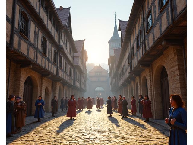 Virtuelle Realität einer detailreichen mittelalterlichen Stadt, in der Lernende interaktiv Gebäude und Charaktere erkunden.