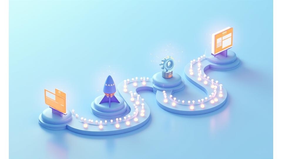Eine stilisierte, zukunftsgerichtete Roadmap mit Meilensteinen, die den Implementierungsprozess von AR/VR-Lösungen symbolisiert.