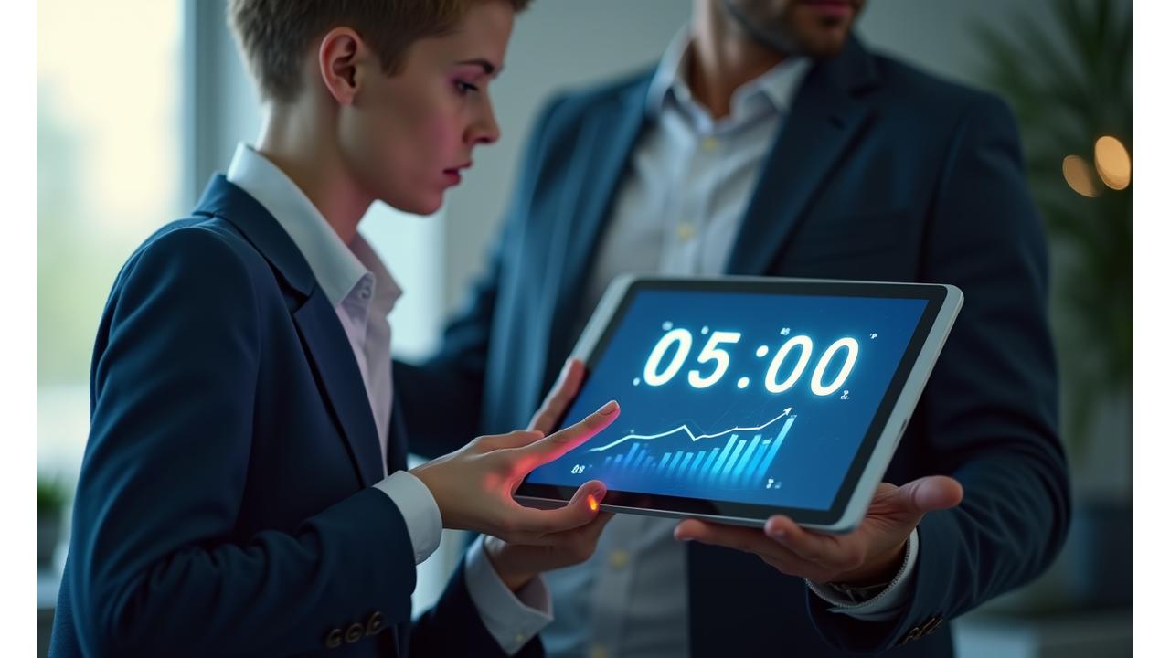 Geschäftsperson nutzt ein Tablet für Microlearning, auf dem Bildschirm ein Timer und Lernmodule.
