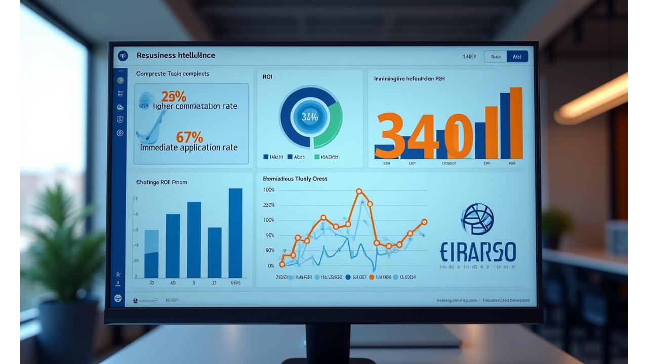 Ein ansprechendes Dashboard mit Diagrammen und Grafiken, die die Steigerung der Produktivität, die hohe Abschlussquote und den ROI durch Microlearning visualisieren.
