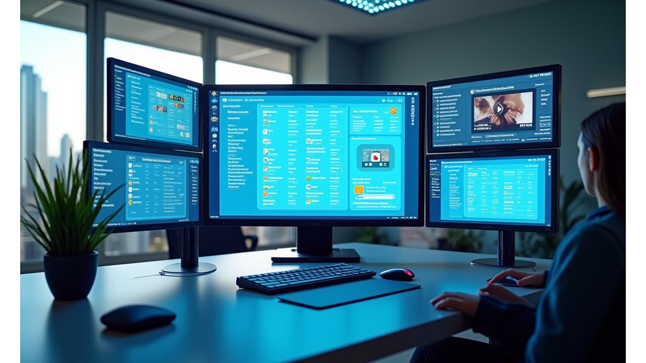 Eine moderne Büroarbeitsumgebung mit mehreren Bildschirmen, auf denen verschiedene Microlearning-Kurse und Dashboards angezeigt werden, die eine Vielfalt an Lerninhalten symbolisieren.