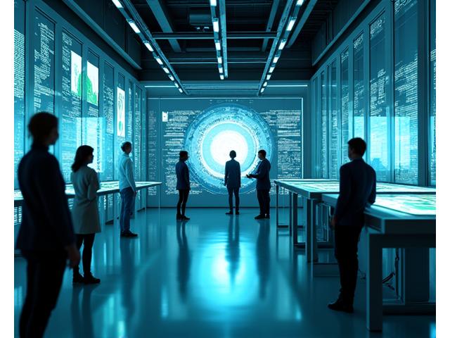 Innenansicht des AlpenLern Innovation Labs mit Team, das an modernster Technologie arbeitet.