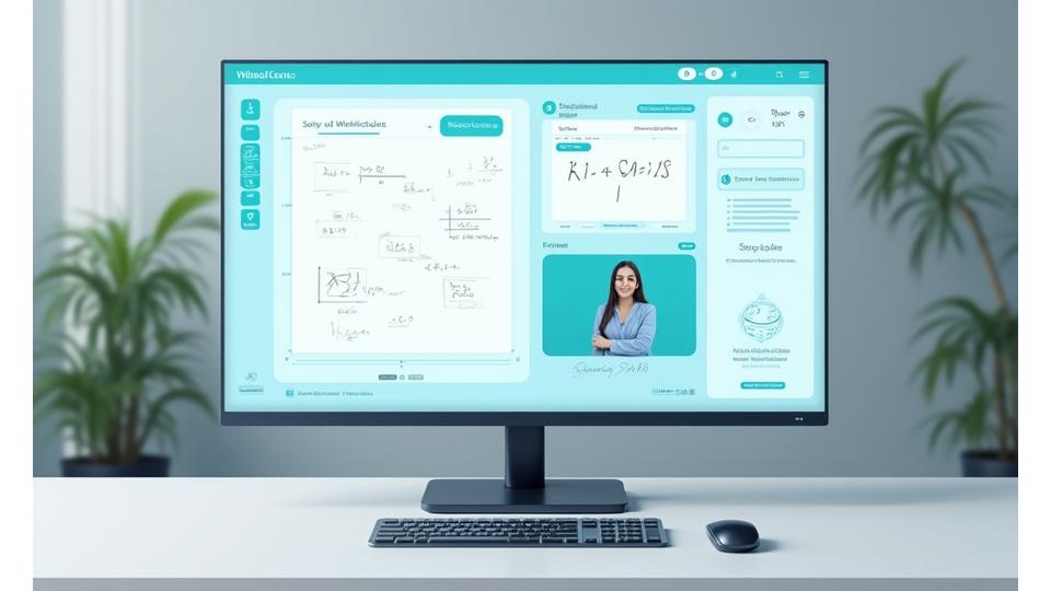 Screenshot der AlpenLern Online-Lernplattform mit interaktivem Whiteboard, Video-Chat und Materialbibliothek